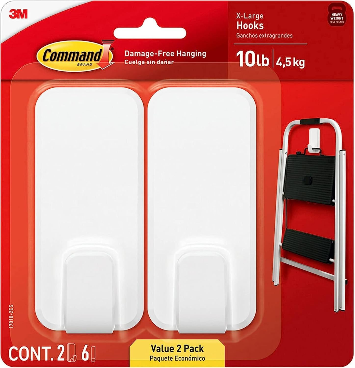 Command 10 lb XL Heavyweight Hook. 2 Wall Hooks and 6 Strips. Damage-Free Hanging with Adhesive. Heavy Duty Hanging Great for Back to School Dorm Organizers